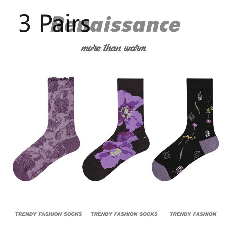 3 Pairs of Female Spring and Summer New Fashion Relief In The Tube Cotton Socks