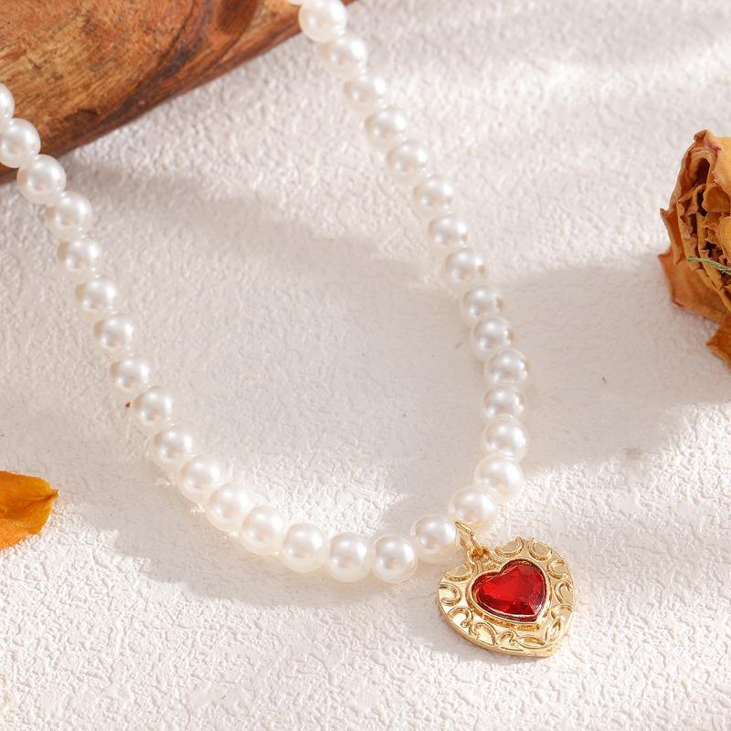 Barokowy łańcuszek z pereł, retro, lekki luksus, wysokiej klasy wisiorek, naszyjnik miłosny z imitacją rubinu