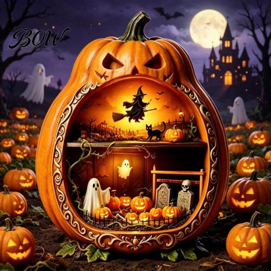 Halloween Cobweb Decorations Centerpiece Pumpkin, Wooden Pumpkin Ornament with Miniature Scenes, Rustic Detailed Scene Decor Skeleton for Farmhouse