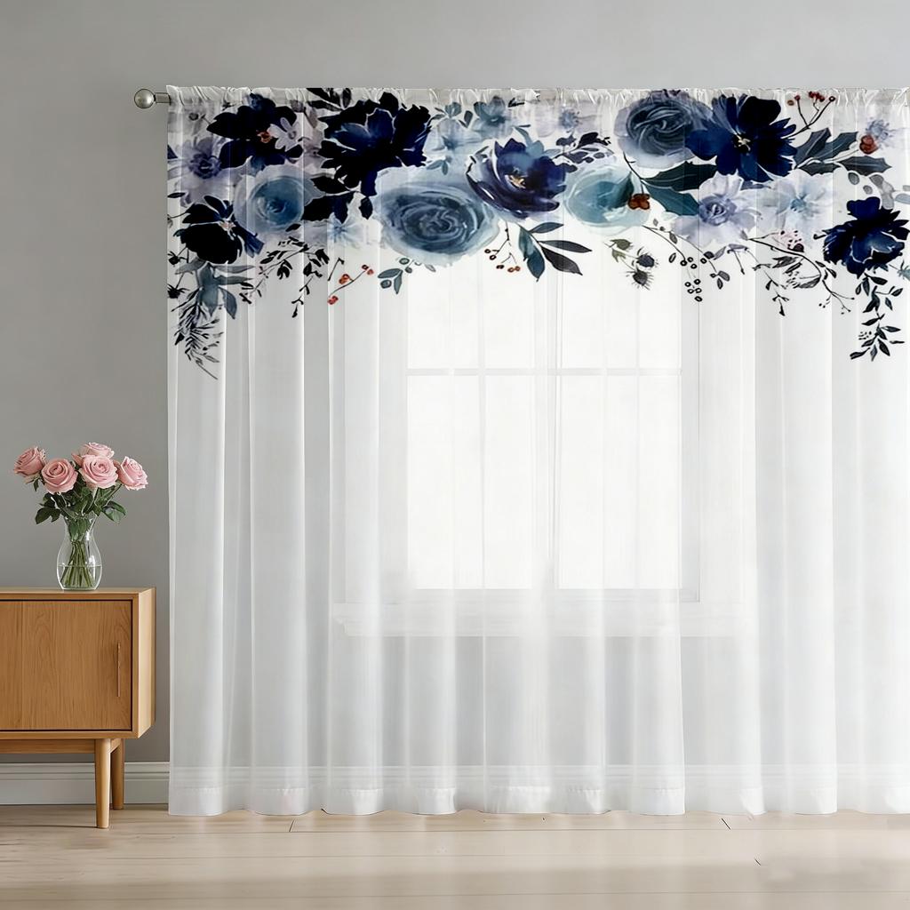 1PC Navy Blue Watercolor Floral Sheer Curtains - Elegant Flower Valance Print Window Drapes for Bedroom Living Room Decor
