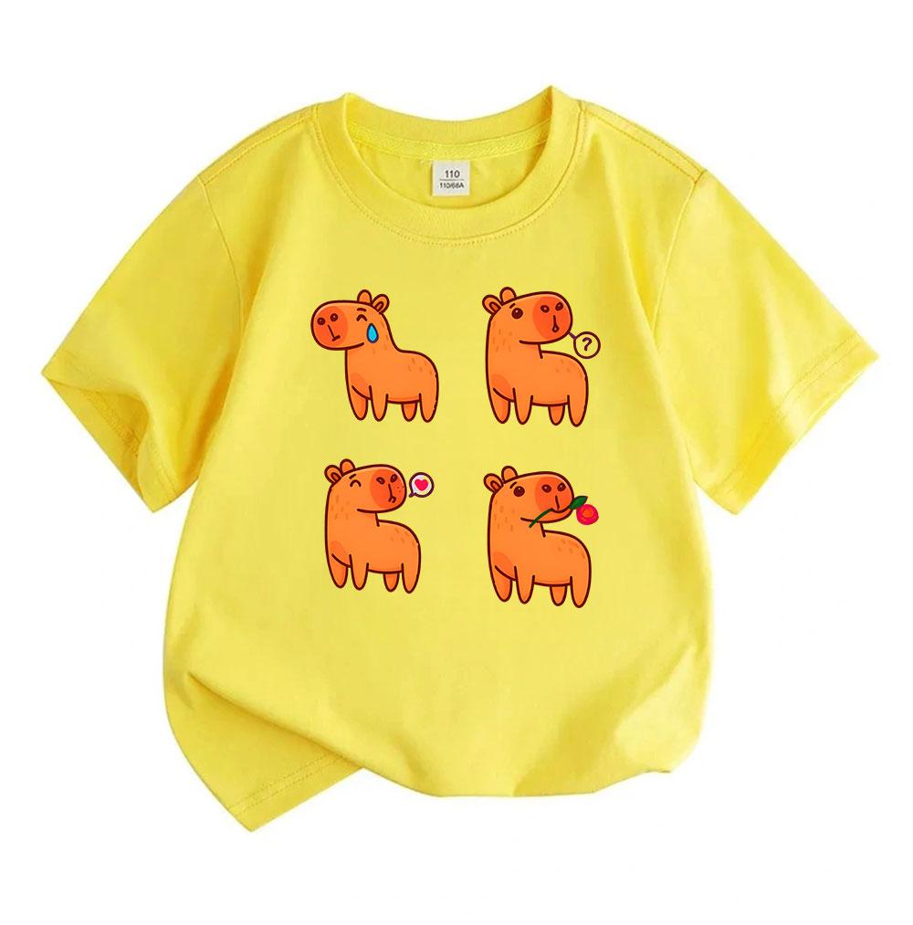 Kids Boys Girls 100% Cotton Crew Neck Short Sleeve T-Shirt, Cute Cartoon Orange Capybara 4-Panel Funny Graphic Casual Lightweight Summer Tee for Child