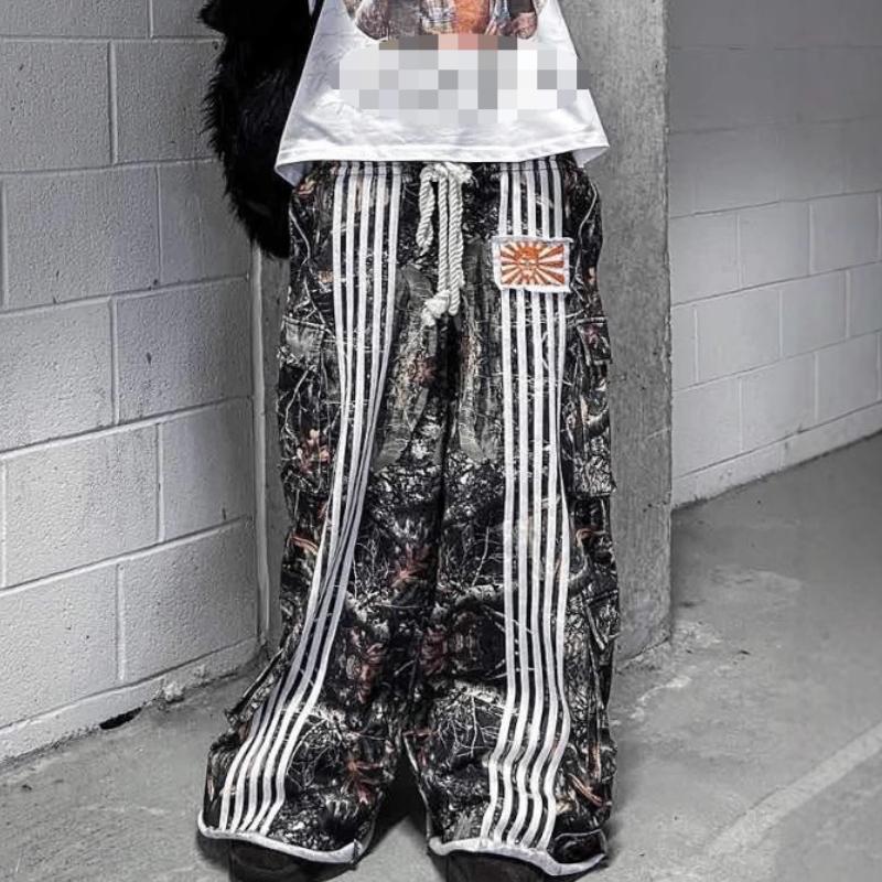 

European and American retro high street double waisted striped loose wide leg pants S камуфляжний