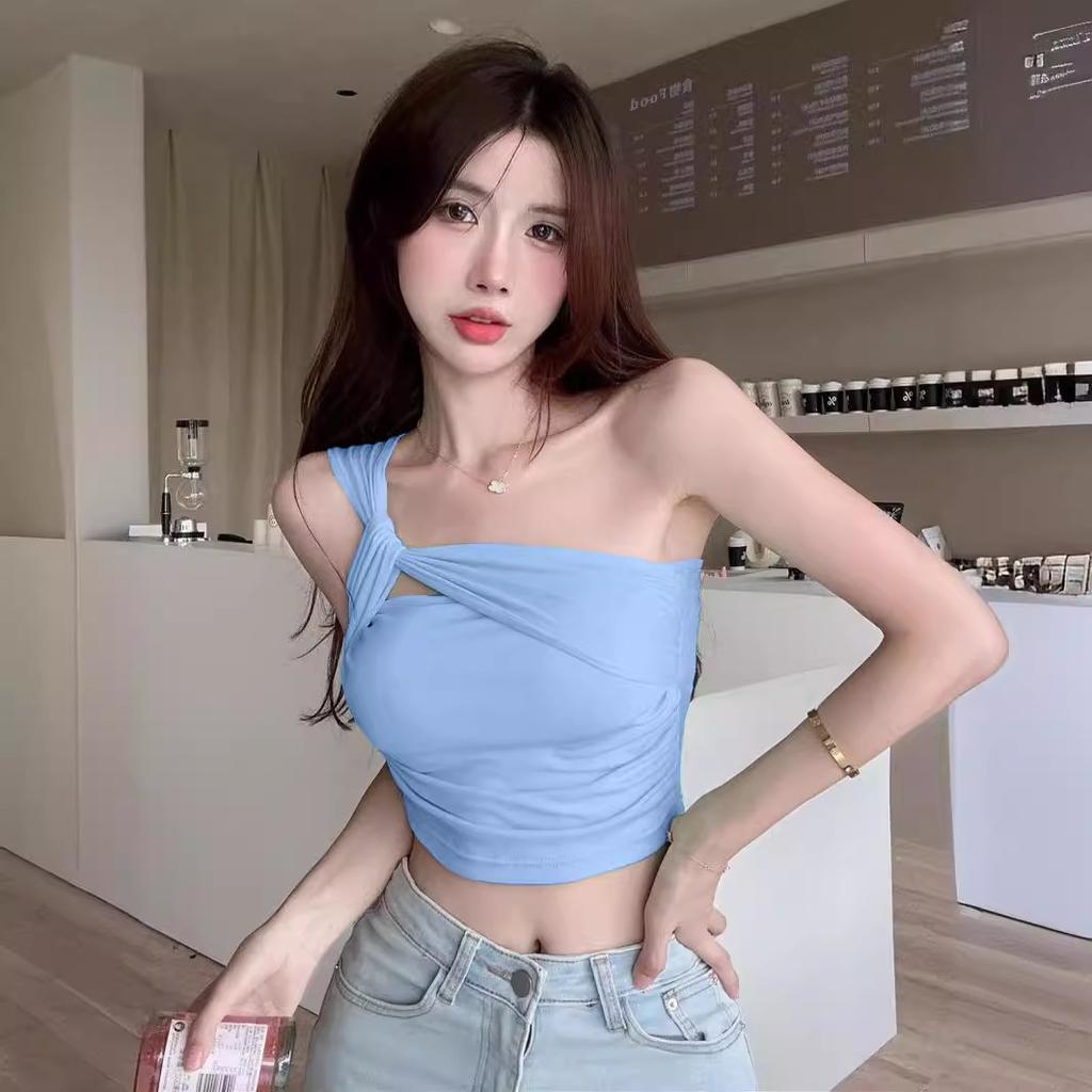 Sweet Spice Girl Shoulder Suspender Small Vest Women's Summer Pure Desire Wind Folded Clavicle Sexy Inside and Outside Short Top