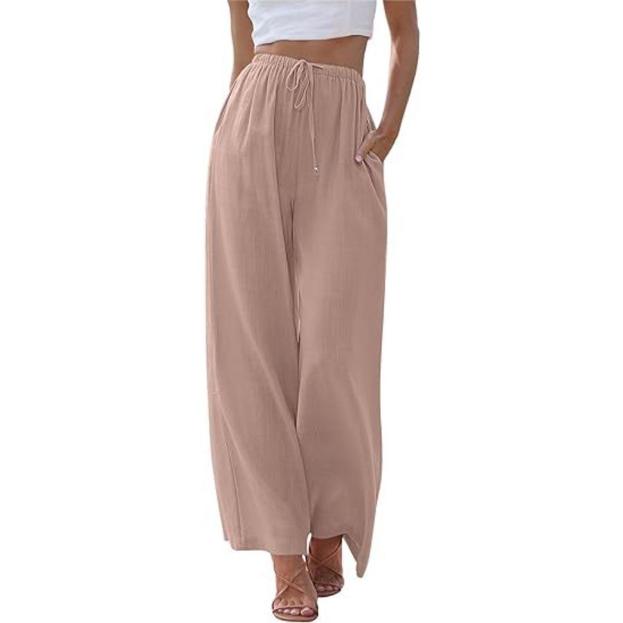 Pantaloni di grandi dimensioni da donna in cotone e lino, pantaloni larghi con elastico in vita, casual, con coulisse e tasche, a gamba larga