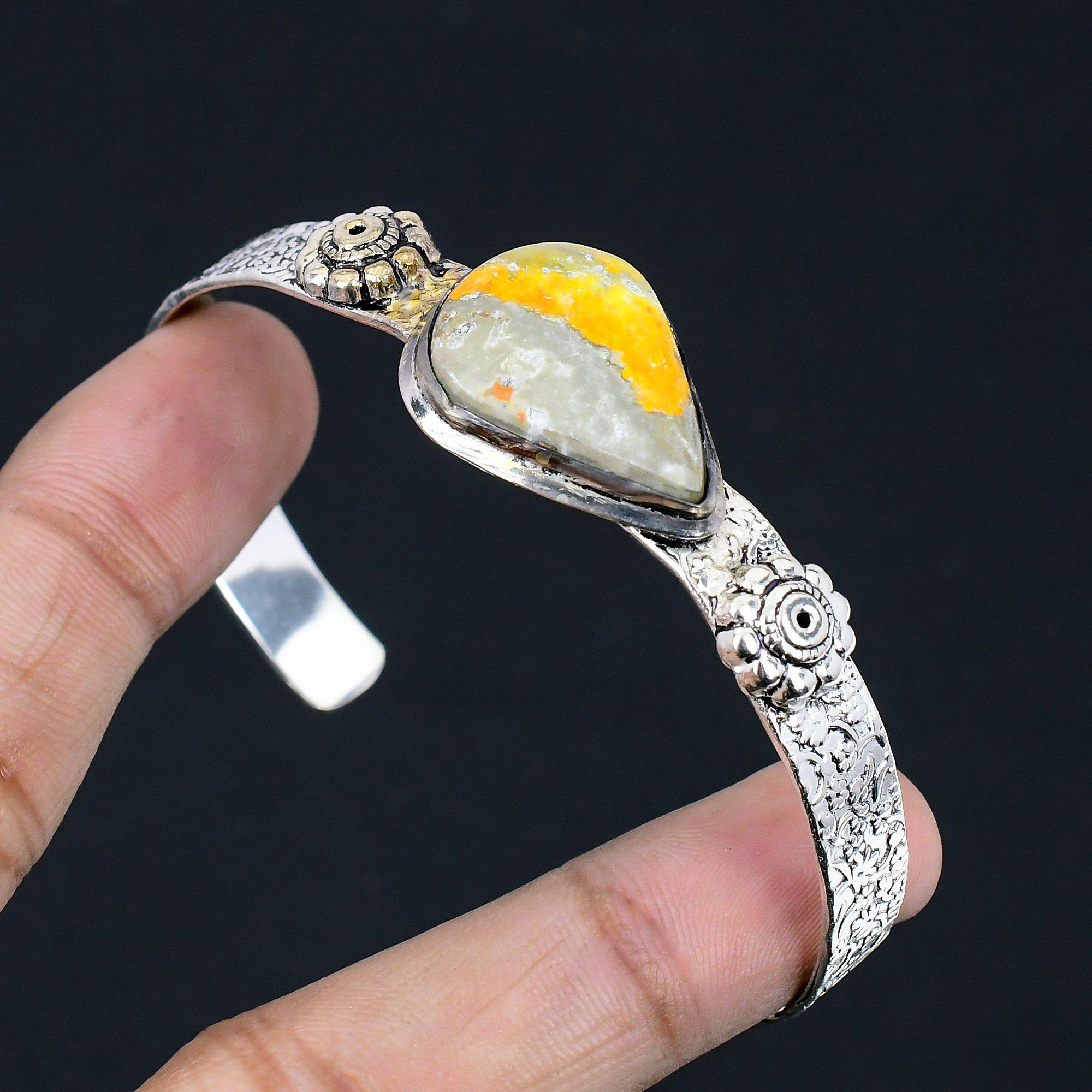

Pear Bumble Bee Jasper Stone 925 Sterling Silver Art Deco Wedding Bangle Jewelry Adjustable