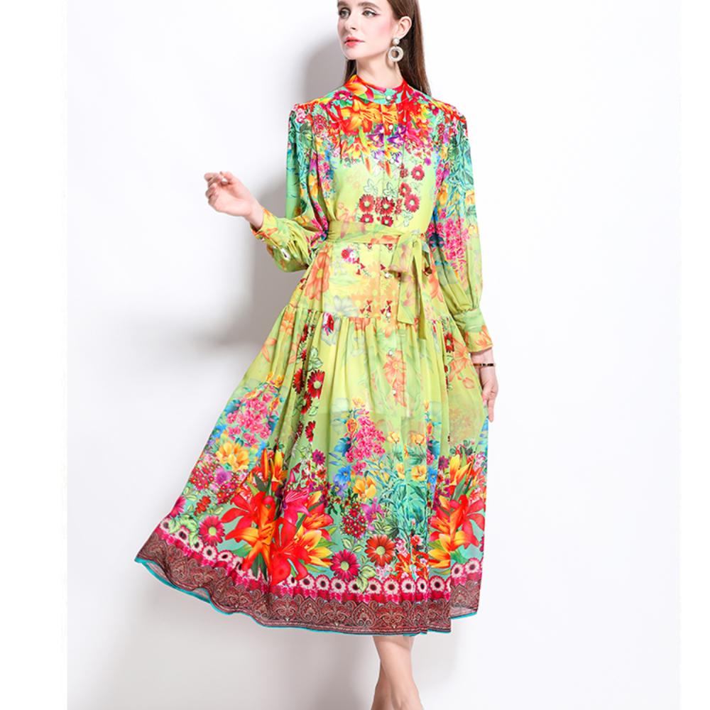 Summer Autumn Women Lantern Sleeve Vintage Print Chiffon Oversize Loose Long Maxi Holiday Beach Lace-up Dresses