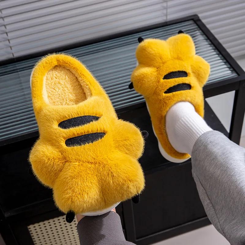 Cute Cartoon Fluffy Slippers for Women Men Winter Warm Soft Plush Big Paw Anti-slip Couples Indoor Home Non-slip Warm Slippers