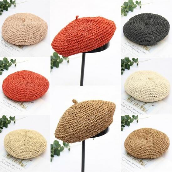 Lady Handmade Straw Crochet Beret Hats Cap Weave Hollow Breathable Vintage Style