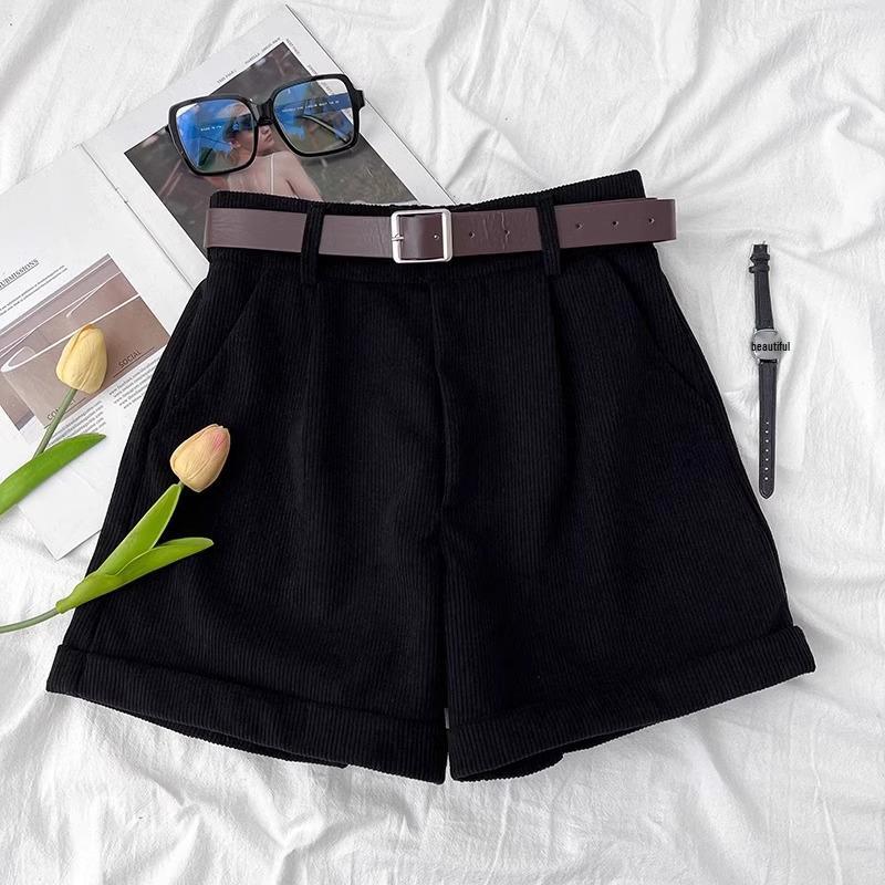 

Ретро вельветовые шорты с высокой талией: Женская Мода Осень/Зима Приталенного Кроя, Широкие Брюки с Подвернутым Краем M чёрный