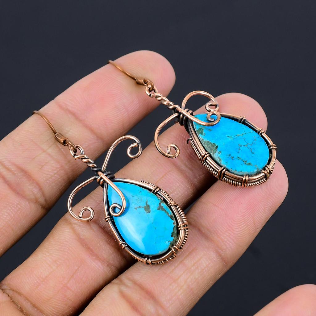 Tibetan Turquoise Earrings Gemstone Jewelry, 999 Copper Wire Wrapped Handmade Earrings, Latest Design Jewelry