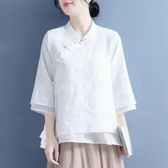Women's Spring Cotton-Linen Top: Frog Buttons, Embroidered, Oblique Placket, 3/4 Sleeves, Pink/Yellow. Perfect for Tea Ceremonies.