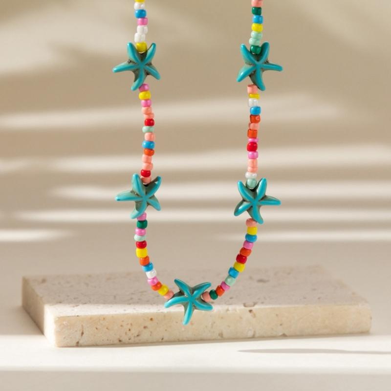 Elegant Turquoise Starfish Charm Necklace Adjustable Length Neckchain Fashionable Clavicle Chain Accessory for Ladies