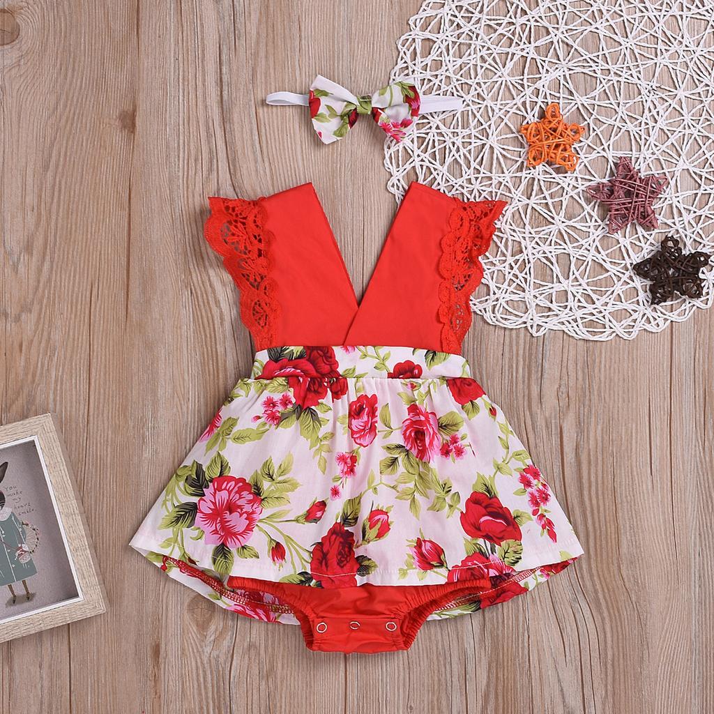 Baby Girls Floral Romper Dress Newborn Outfits With Headband 0-24 Months