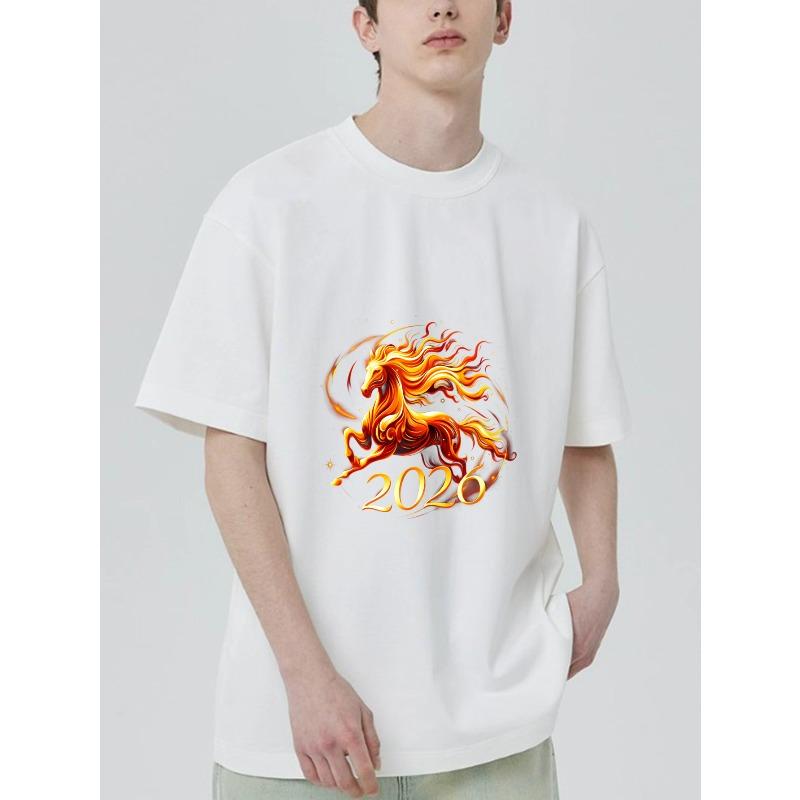 Black T Shirt With Flame Horse And 2026 Print For Casual Wear