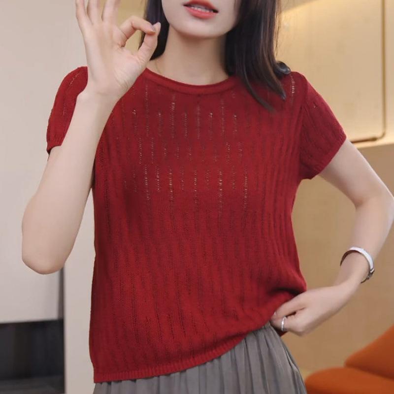 Women s Hollow Knit Top Round Neck Short Sleeve Sheer Knit Blouse Casual Lightweight Breathable Knitwear S бордовый