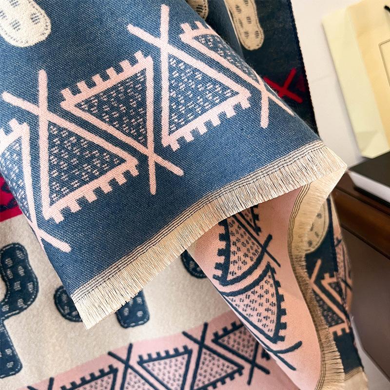 Imitation Cashmere Scarf Women'S Nordic Style Decoration Warm Dual-Purpose Double-Sided Shawl Creative Printing Fringed Scarf