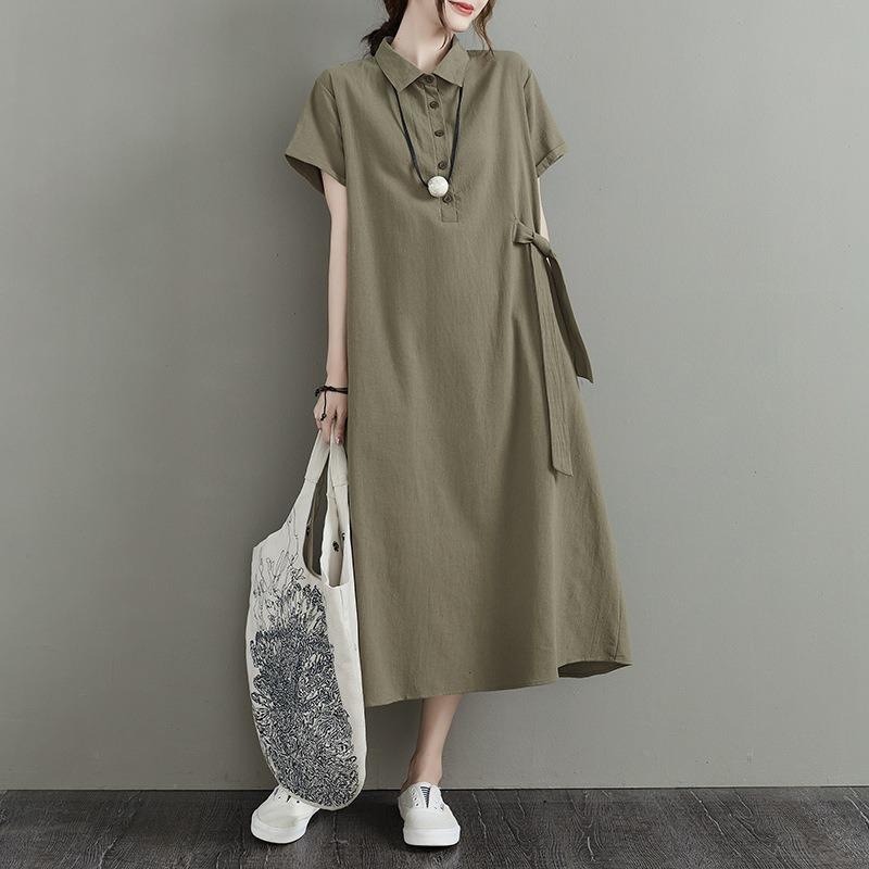Summer Cross-border New Japanese Solid Color Cotton and Linen Lapel Short-sleeved Loose Dress Women's Medium and Long