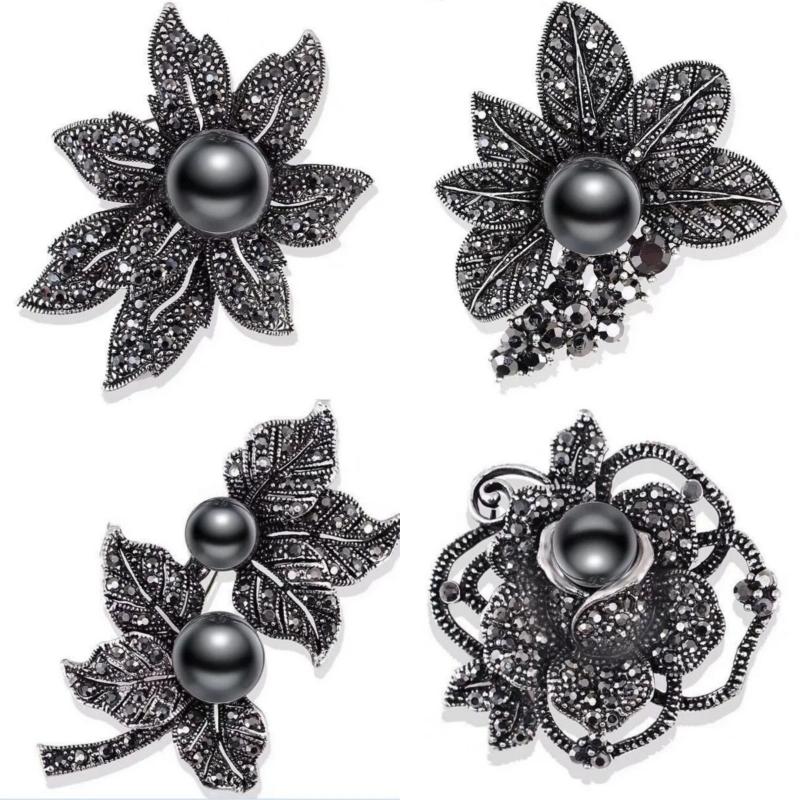 Gun Black Rhinestone Bow Brooches For Women Pearl Plant Pin Flower Lapel Pins Office Party Friend Gifts Jewelry Accessories