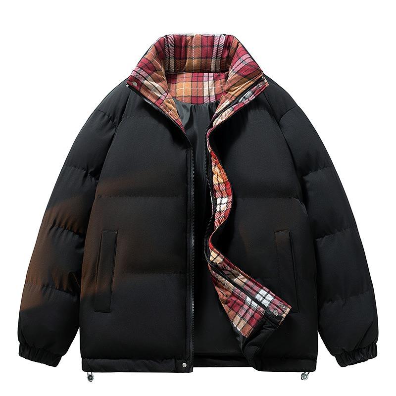 Stand-up Collar Plaid Placket Cotton-padded Coat for Men and Women, Winter Couple's Bread Clothes, Cotton-padded Jacket for Men