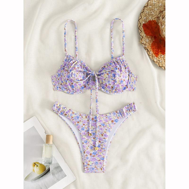 Maillot de bain deux pièces pour femme, push-up, sexy, imprimé, uni