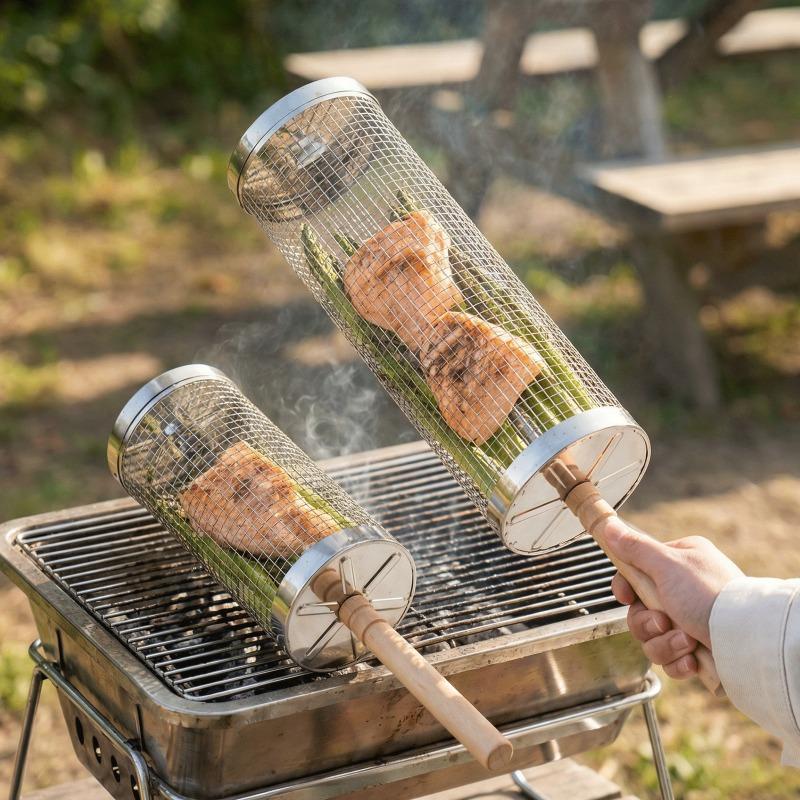 2Pcs Stainless Steel BBQ Grill Set, Camping Supplies & Equipment, Heavy Duty Camping Cooking Tool with Wood Handle & Hook