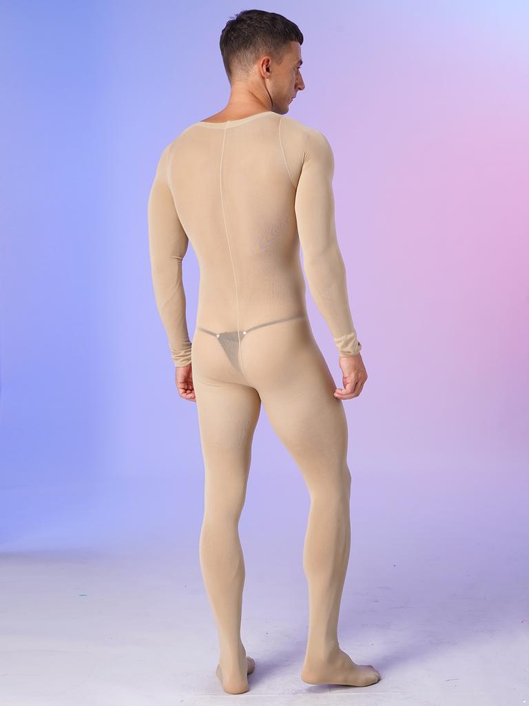 Mens Solid Color Bodystocking Long Sleeve Stretchy Bodysuit with Bulge Pouch Nightwear Underwear