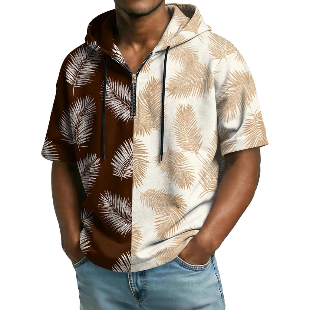 Men's Casual Hooded Zipper Neck Sweatshirt Short Sleeve Top