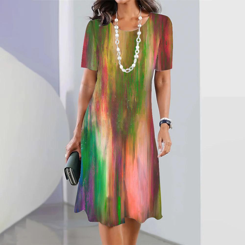 Summer Women's Fashion Round Neck Short-sleeved A-line Dress 3d Colorful Printing Casual Loose Dress