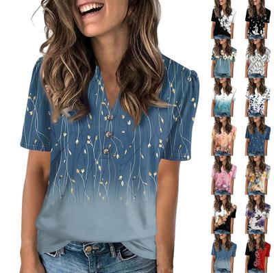 Women's Fashion Casual Flower Print V-neck Short Sleeve Button Up T-shirt Top