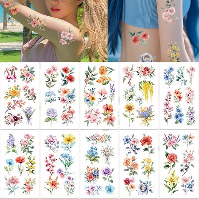 10sheets Flowers Rose Peony Lily Tattoo Stickers For Face Arm Body Temporary Waterproof Tattoo Stickers Kids Creative Gifts