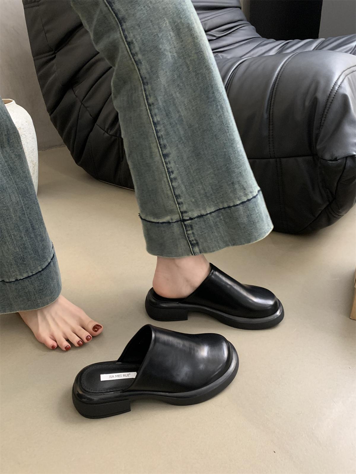 

Mules For Women 2024 Cover Toe Ladies Slippers Loafers Luxury Slides Mid Heel Spring Summer New Driving Closed Toe Half Slipper 39 чёрный