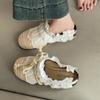 Damen Casual Ballerinas 2025 Sommer Neu Lace Weave Atmungsaktive Stroh-Slipper Outdoor Mode Schleife Bequeme Pantoletten Halbslipper