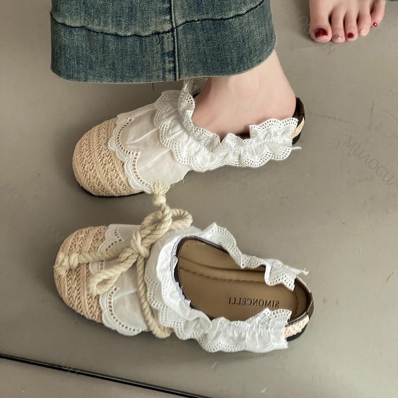 Fashion Women Casual Flats 2025 Summer New Lace Weave Breathable Straw Slippers Outdoor Fashion Bow-knot Comfortable Mules Half Slipper