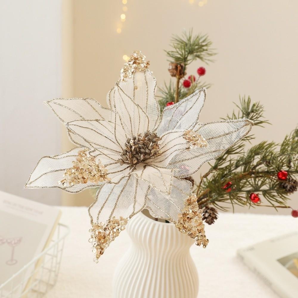 New 31CM Artificial Poinsettia Flower Sequins Glitter Simulation Flowers Sparkling DIY Christmas Flower New Year Festival