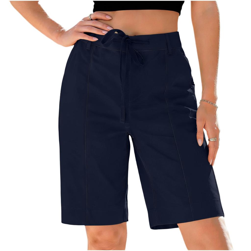 Women's Knee Length Cargo Shorts,Casual High Waisted Drawstring Bermuda Shorts With Pockets For Summer Hiking Work