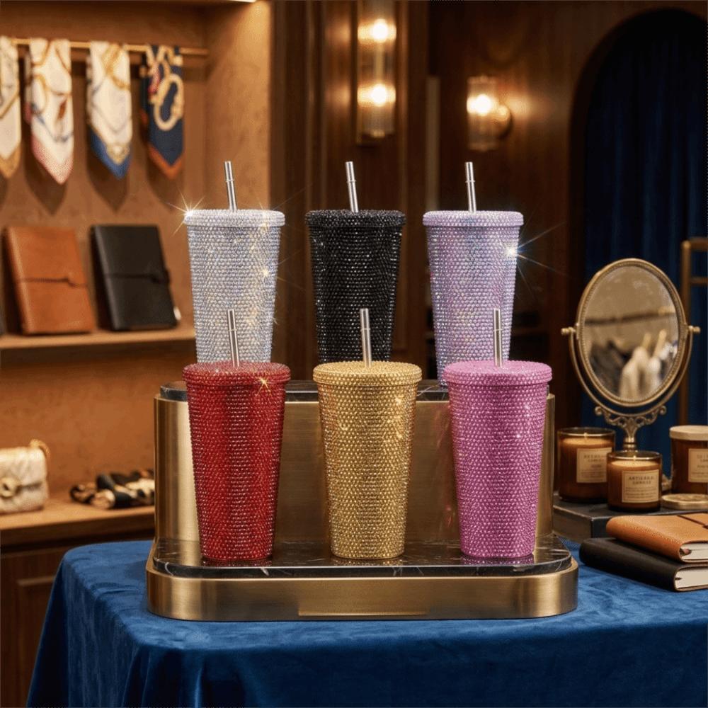 Rustless Steel Tube Cup Rhinestone Decoration Drinking Tumbler Rhinestone Decor Water Mug Party