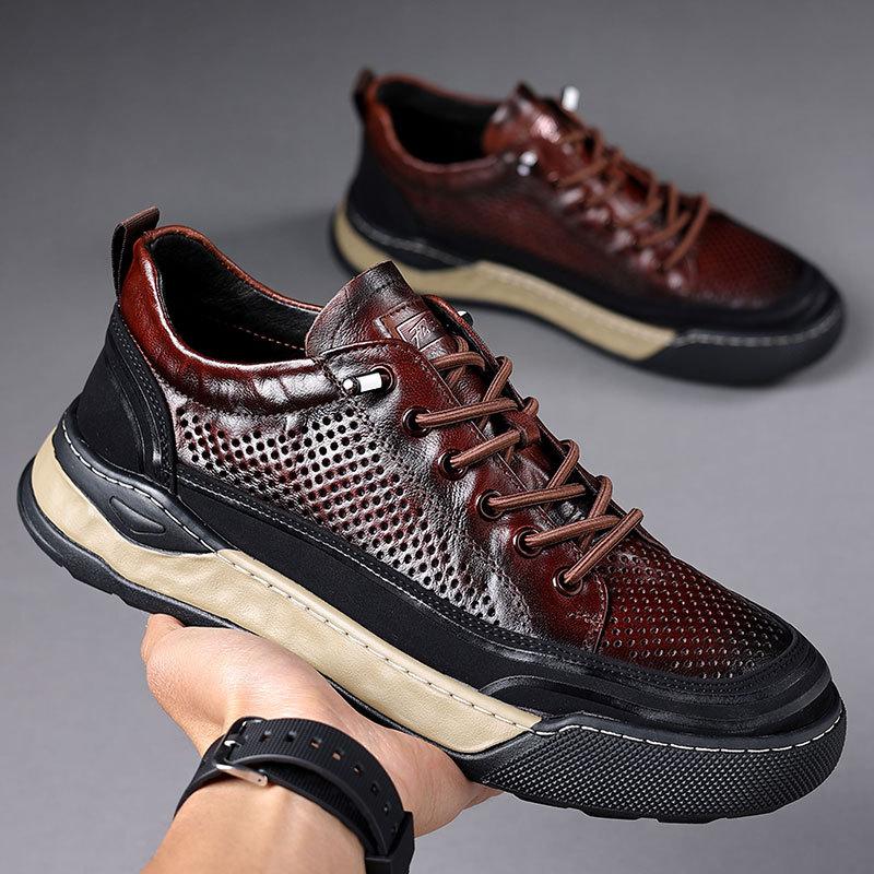 Men's board shoes casual leather shoes men's summer hollow breathable cool leather shoes real cowhide sports shoes youth shoes black