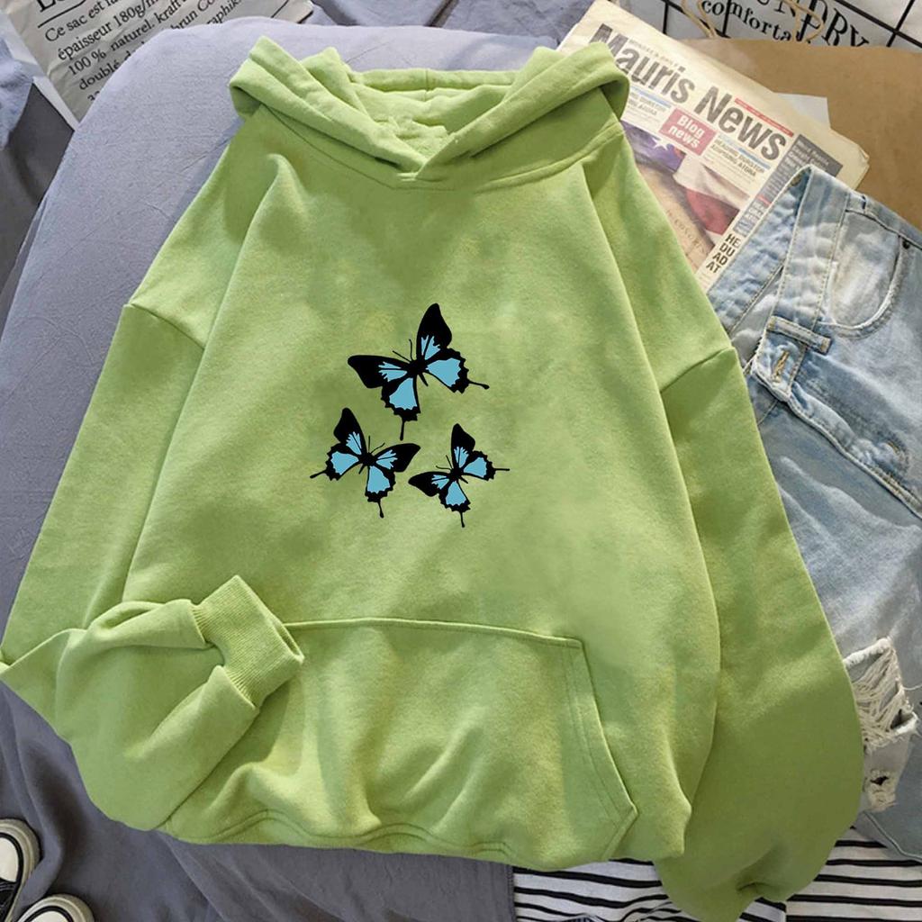 Autumn and Winter Black and Blue Butterfly Print Hoodie Sweatshirt for Men and Women Couples Korean Style Trendy Tops