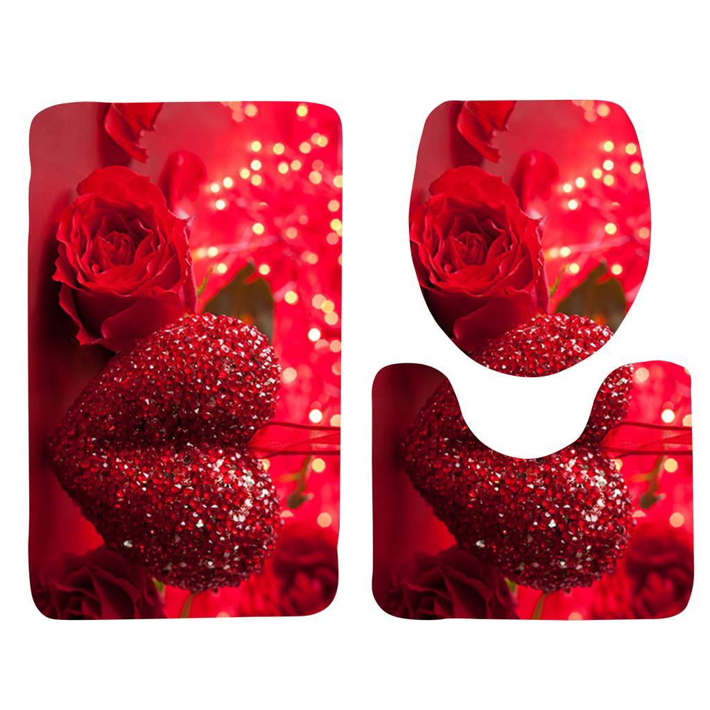 Rose Petal Series Printed Toilet Floor Mat Three-piece Bathroom Slip Carpet Set