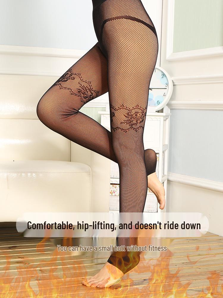 Autumn/Winter Slimming Plus Size Fleece-Lined Mesh Leggings - Vertical Stripe Velvet Pantyhose