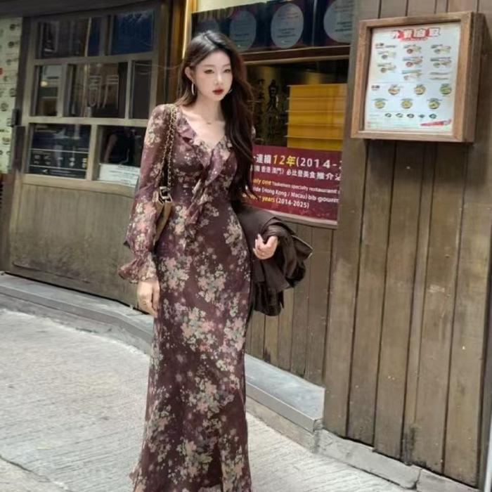 

[Twilight Rose] Floral Dress Women s Autumn and Winter Port Style Retro Lotus Leaf Temperament Skinny Long Dress 2XL
