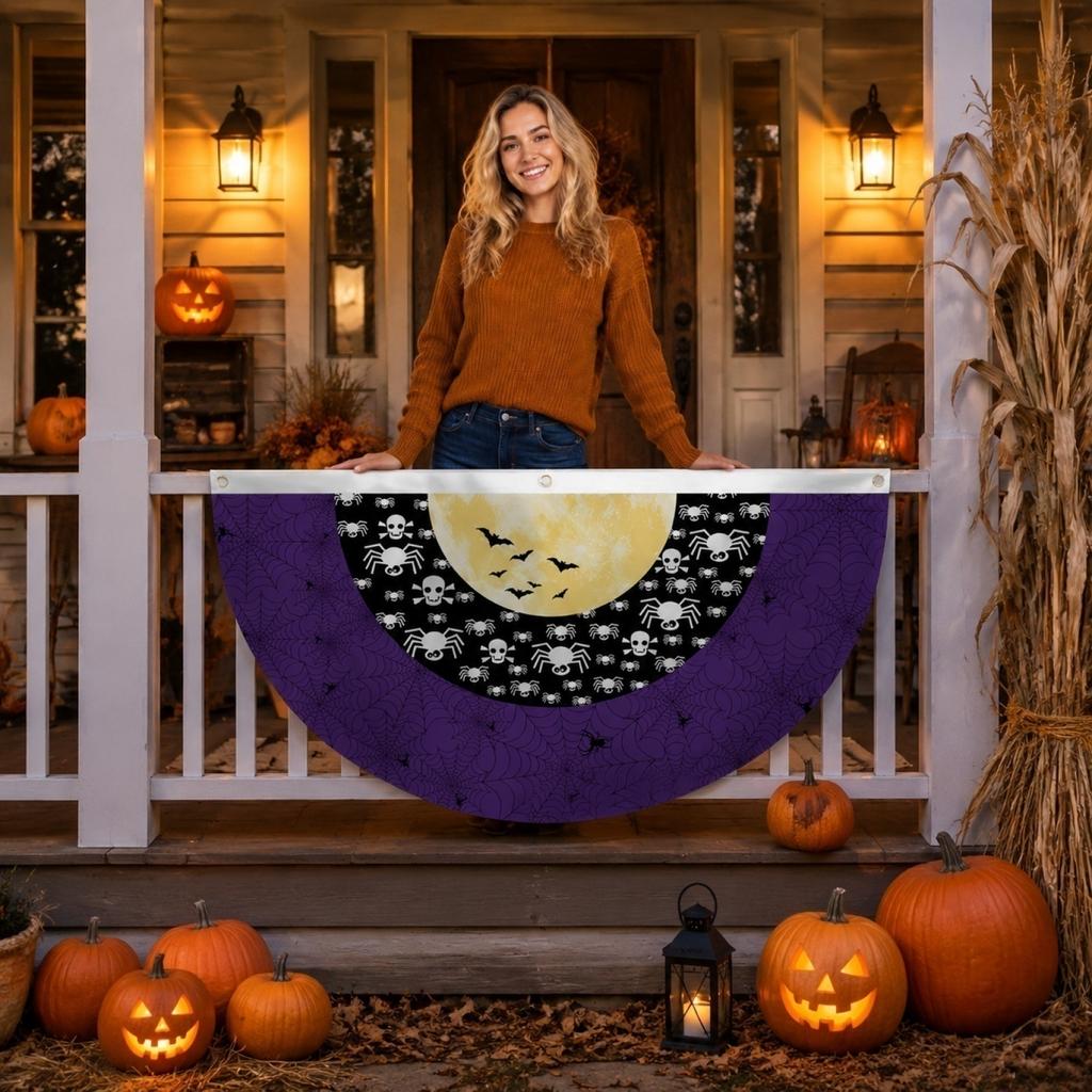 Halloween Pumpkin Half Circle Fan Shaped Banner Outdoor Yard Hanging Decoration Garden Fence Party Setup 45cmx90cm Durable Material