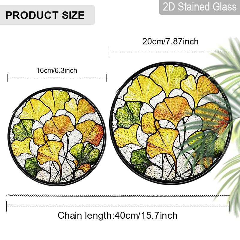 2D Flat Stained Glass Ginkgo Leaf Window Decoration, Autumn Yellow & Green Design Colored Glass Plate with Chain, Charming Sun Catcher Home Garden