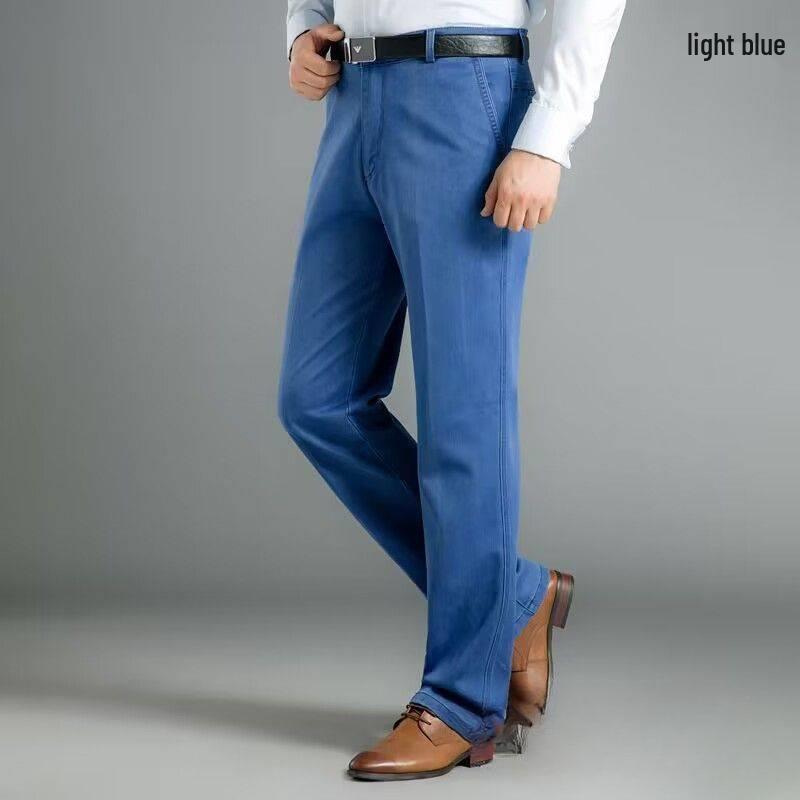 Straight Leg Loose Fit Stretch Jeans for Autumn/Winter - Mid-Rise, Thick Denim for Middle-Aged & Older Men