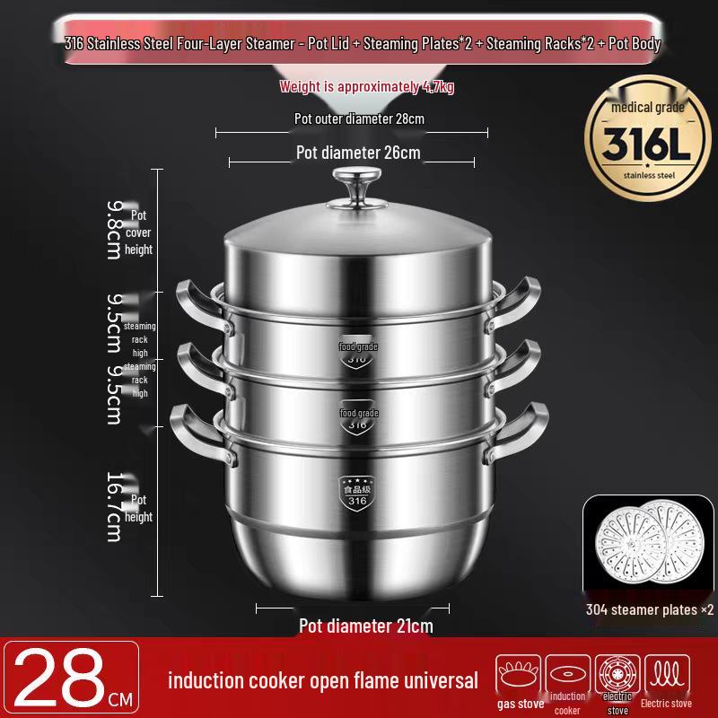 316 Stainless Steel High-Rise Steamer Pot, Extra Thick, Food-Grade, Large Capacity, Versatile 3-4 Layer Soup Pot