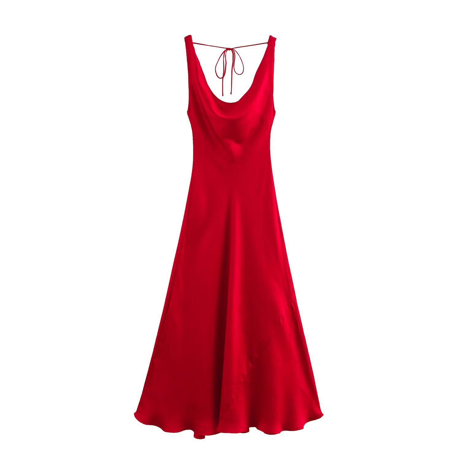 

2025 Spring Silk Satin Backless Dress – Women s Fashion & Slim Fit M красный
