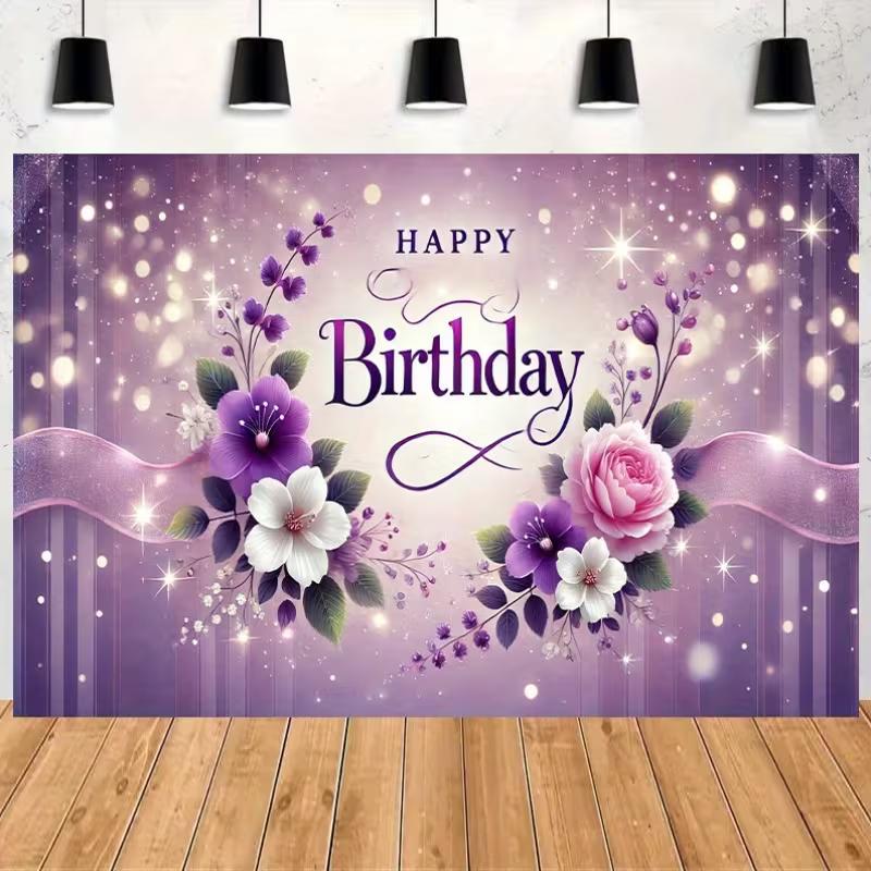 2D Large Purple Birthday Banner Yard Sign Glitter Flower Outdoor Birthday Party Supplies