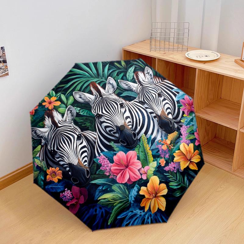1 PC Automatic Folding Umbrella - Zebras In Tropical Flowers Pattern, Portable & Foldable Design with 8 Ribs, Christmas Birthday Gifts