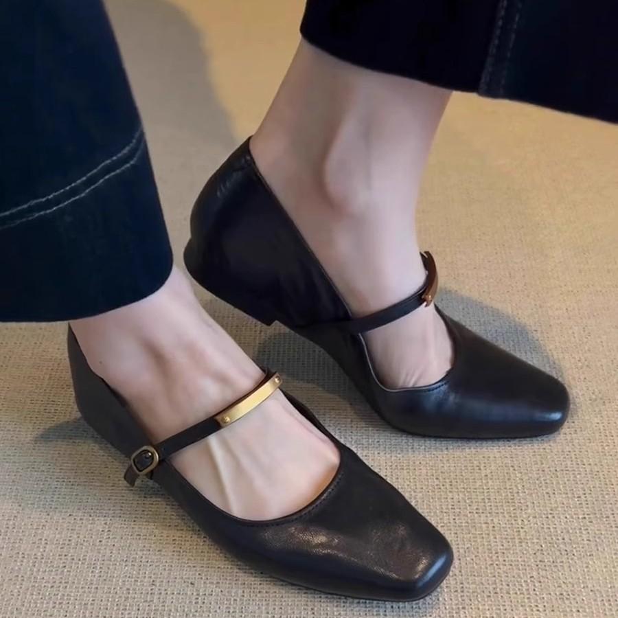 Sheepskin Version~ French Retro One-word Buckle with Mary Jane Shoes Women's New Square Head Flat Sole Shoes Low Heel Small Leather Shoes