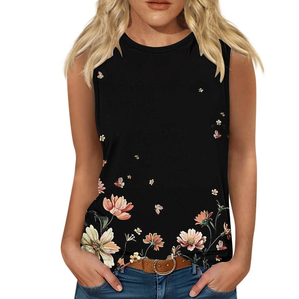 Blumenmuster 3D-Druck Tanktops Damen Sommer O-Ausschnitt Lässige Weste Schulterfrei Y2k Elegant Ärmelloses Top Camisole Damenbekleidung